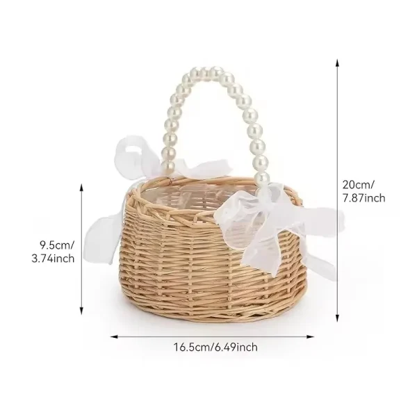 One wicker rattan flower child Basket with Pearl handle and bow Hand woven Easter basket Wicker basket for Weddings (brown) 6