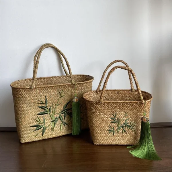 Retro Traditional Handmade Seagrass Embroidery Weaving Basket, New Chinese Style Handbag Tea Set Storage Handheld 1