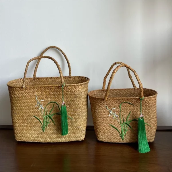 Retro Traditional Handmade Seagrass Embroidery Weaving Basket, New Chinese Style Handbag Tea Set Storage Handheld 2