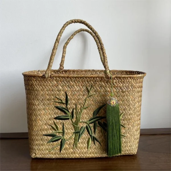 Retro Traditional Handmade Seagrass Embroidery Weaving Basket, New Chinese Style Handbag Tea Set Storage Handheld 3