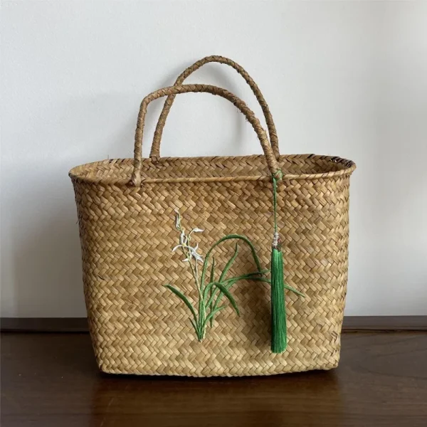 Retro Traditional Handmade Seagrass Embroidery Weaving Basket, New Chinese Style Handbag Tea Set Storage Handheld 4