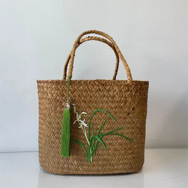 Retro Traditional Handmade Seagrass Embroidery Weaving Basket, New Chinese Style Handbag Tea Set Storage Handheld 5