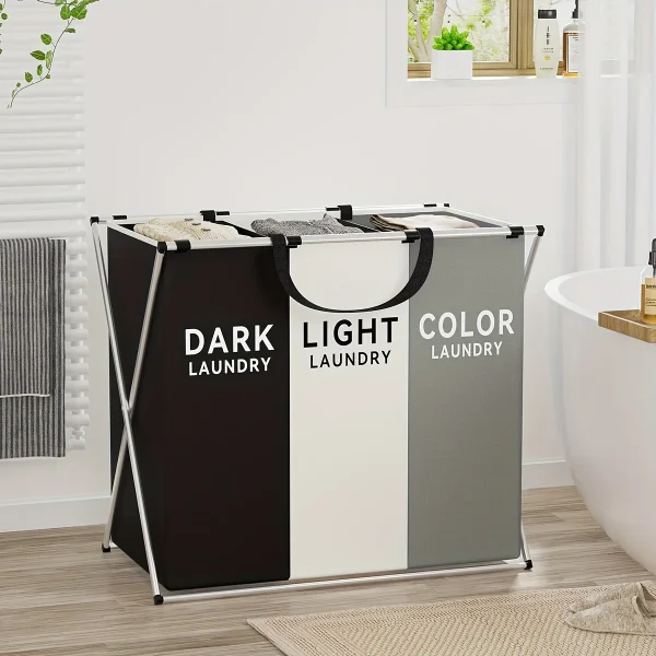 1 PC Large Laundry Hamper 3 Sections Divided Laundry Basket Foldable Washing Bin Dirty Cloth Storage Bag 2