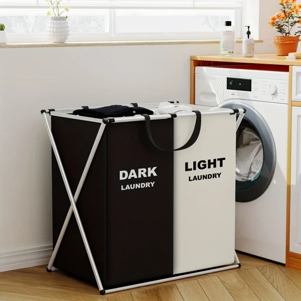 1 PC Large Laundry Hamper 3 Sections Divided Laundry Basket Foldable Washing Bin Dirty Cloth Storage Bag 4