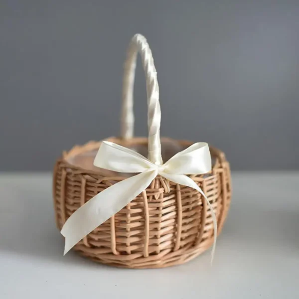 Woven Baskets Handle Design Woven Wicker Basket Handmade Rattan Storage Basket With Bow Retro Decorative Woven Flowerpot 1
