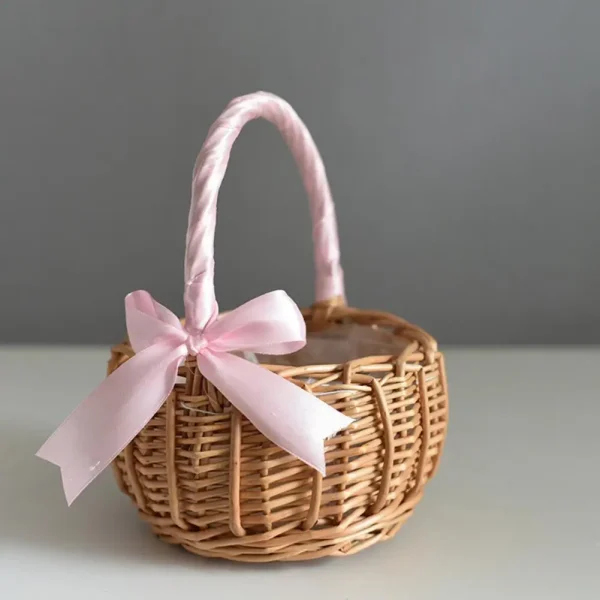 Woven Baskets Handle Design Woven Wicker Basket Handmade Rattan Storage Basket With Bow Retro Decorative Woven Flowerpot 2