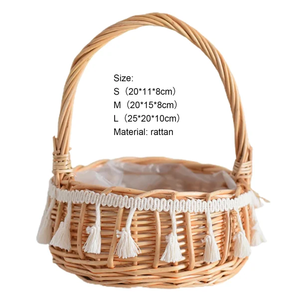 Woven Baskets Handle Design Woven Wicker Basket Handmade Rattan Storage Basket With Bow Retro Decorative Woven Flowerpot 6