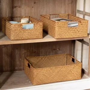 Retro Rural Style Rattan Rectangle Storage Basket with Handles Can Store Clothes, Towels, Snacks, Room clutter,3Sizes 1
