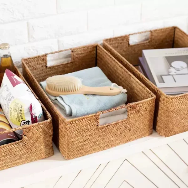 Retro Rural Style Rattan Rectangle Storage Basket with Handles Can Store Clothes, Towels, Snacks, Room clutter,3Sizes 2