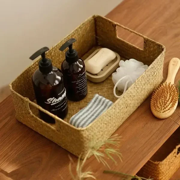 Retro Rural Style Rattan Rectangle Storage Basket with Handles Can Store Clothes, Towels, Snacks, Room clutter,3Sizes 5