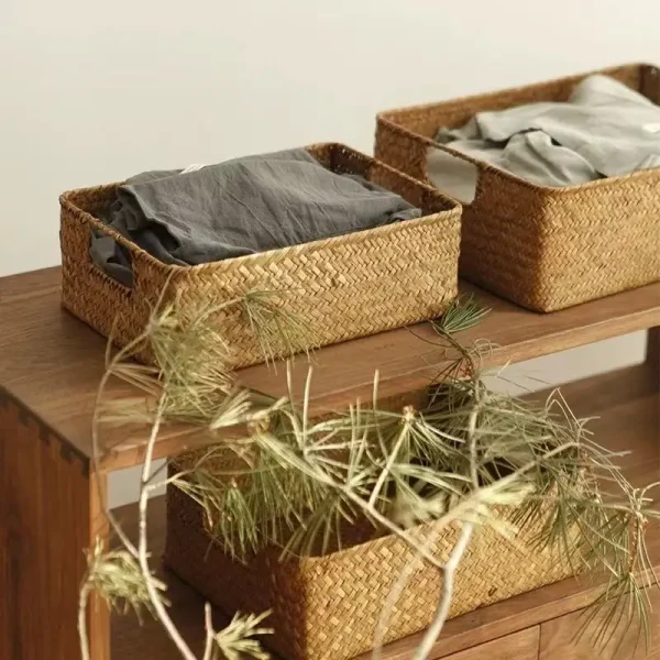 Retro Rural Style Rattan Rectangle Storage Basket with Handles Can Store Clothes, Towels, Snacks, Room clutter,3Sizes 6