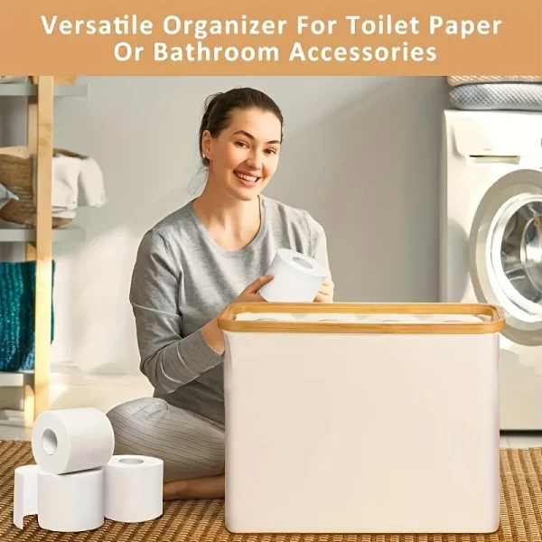 Bohemian Style Bamboo Toilet Paper Holder with Storage Basket,  Collapsible Storage Basket, Laundry Basket, Paper Towel Storage 2