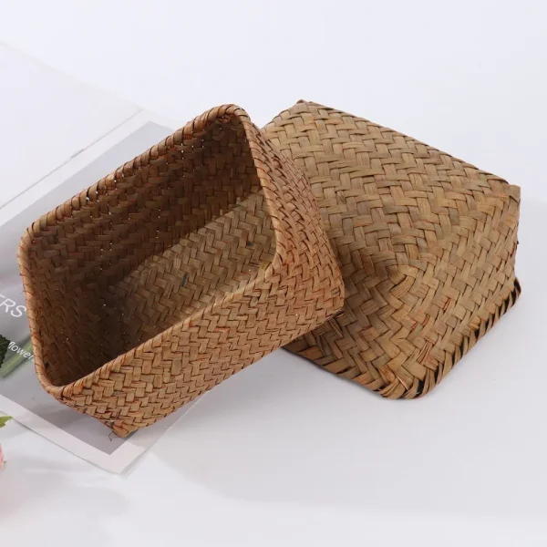 Handmade Woven Seagrass Storage Baskets Straw Rattan Basket Picnic Fruit Storage Box Cosmetic Storage Container Home Decor 3