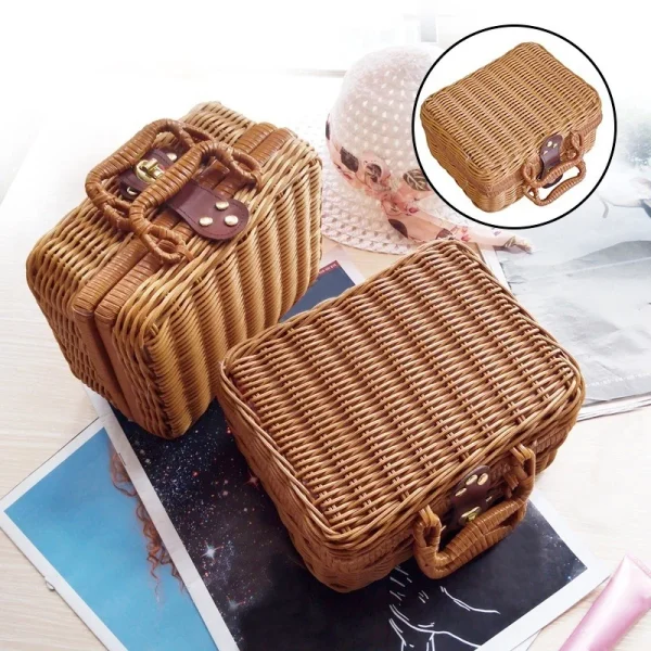 Portable PP Rattan Baskets Picnic Storage Basket Retro Wicker Suitcase Woven Hand Gift Box Sundries Cosmetic Organizer Boxs 1