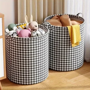 Foldable Houndstooth Laundry Hamper, Modern Fabric Storage Basket with Handle, Versatile for Bedroom, Bathroom, Living Room 1