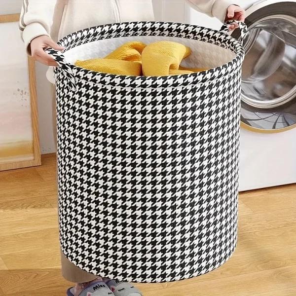Foldable Houndstooth Laundry Hamper, Modern Fabric Storage Basket with Handle, Versatile for Bedroom, Bathroom, Living Room 2