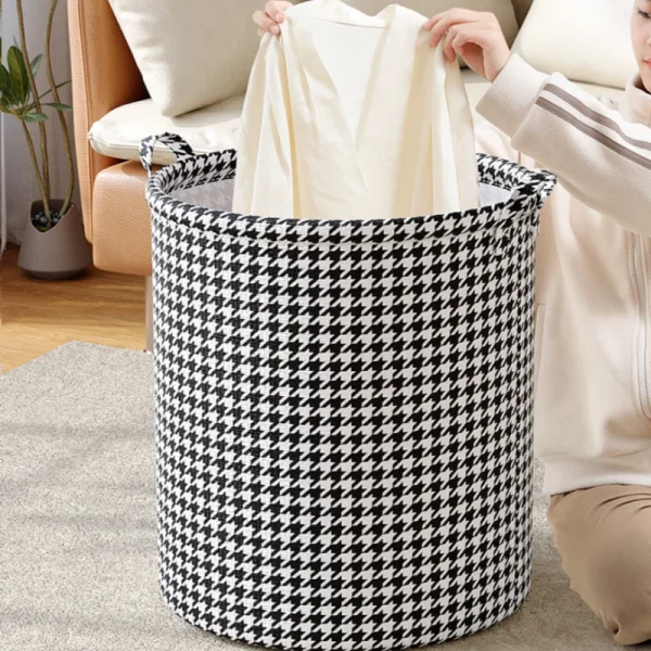 Foldable Houndstooth Laundry Hamper, Modern Fabric Storage Basket with Handle, Versatile for Bedroom, Bathroom, Living Room 3