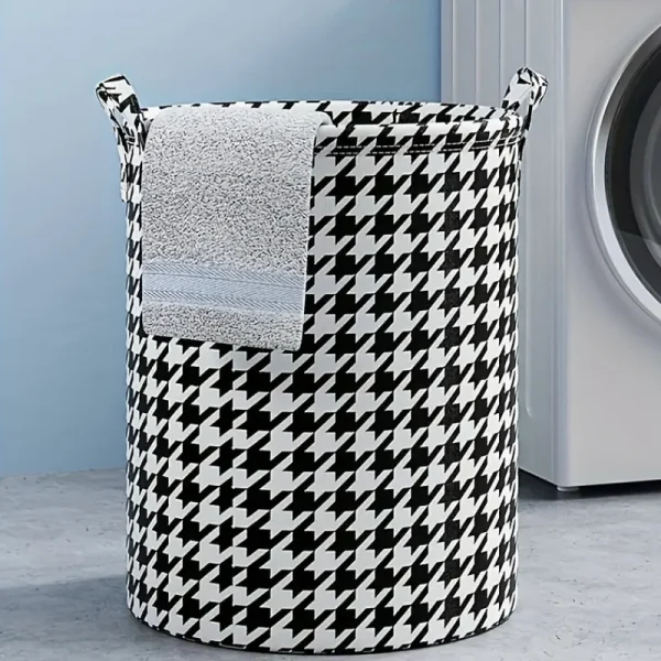 Foldable Houndstooth Laundry Hamper, Modern Fabric Storage Basket with Handle, Versatile for Bedroom, Bathroom, Living Room 4