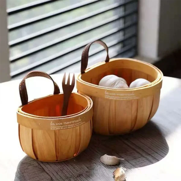 Creative Kitchen Storage Basket Wood Hand-woven Baskets with Handle Sundries Organizer Wall Hanging Basket Home Decoration 2