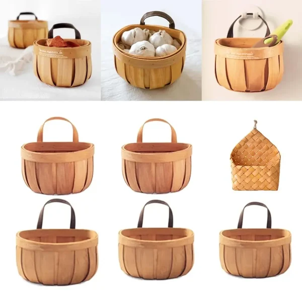 Creative Kitchen Storage Basket Wood Hand-woven Baskets with Handle Sundries Organizer Wall Hanging Basket Home Decoration 4