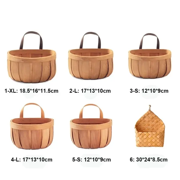 Creative Kitchen Storage Basket Wood Hand-woven Baskets with Handle Sundries Organizer Wall Hanging Basket Home Decoration 5