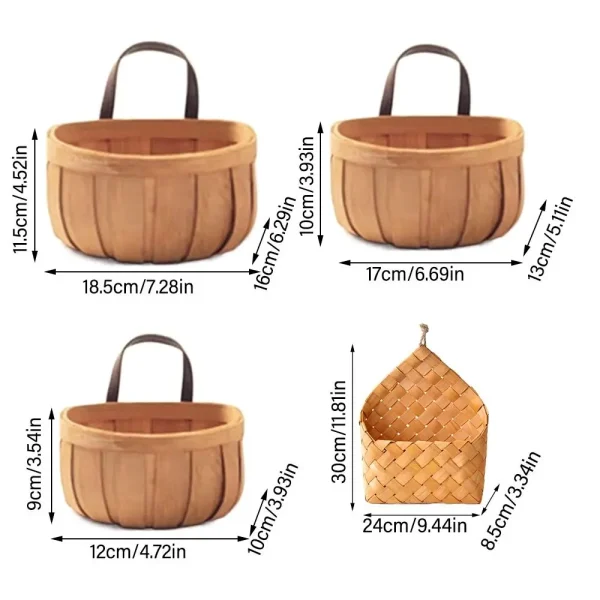 Creative Kitchen Storage Basket Wood Hand-woven Baskets with Handle Sundries Organizer Wall Hanging Basket Home Decoration 6