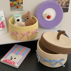 1PCS Cotton Rope Storage Basket with Lid – Non-Woven Fabric Dustproof Decorative Organizer for Home Desktop Bathroom 1