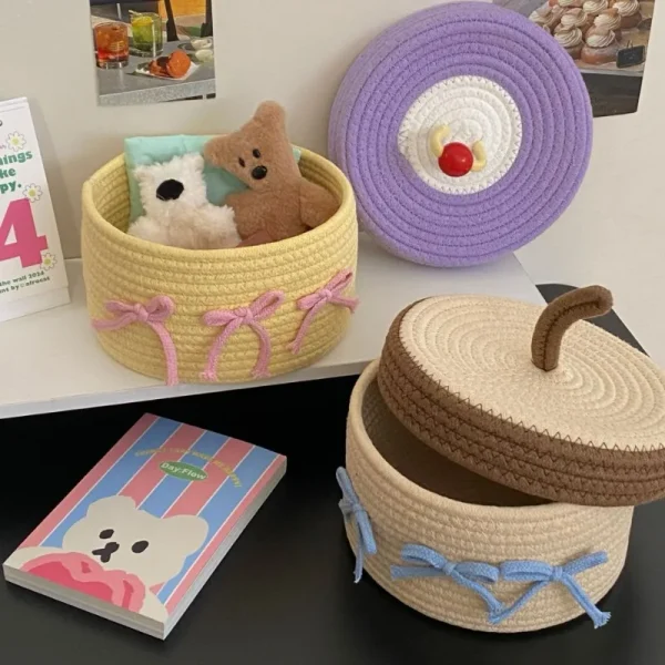 1PCS Cotton Rope Storage Basket with Lid – Non-Woven Fabric Dustproof Decorative Organizer for Home Desktop Bathroom 1