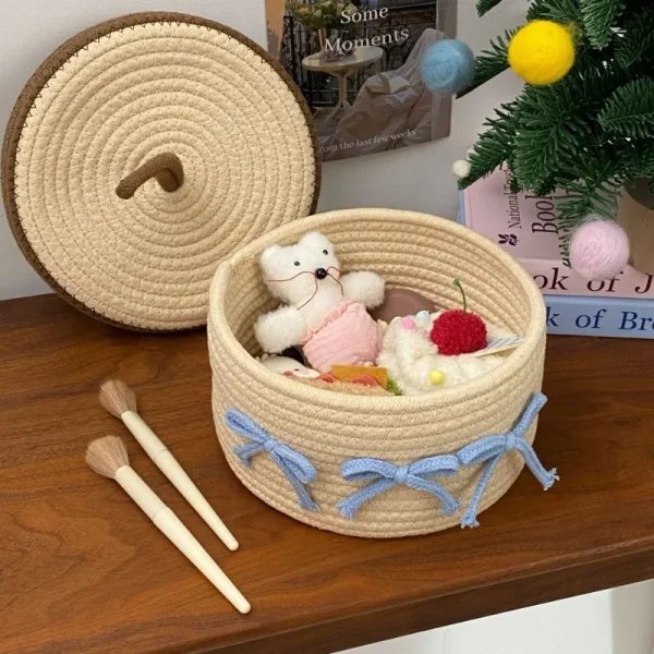 1PCS Cotton Rope Storage Basket with Lid – Non-Woven Fabric Dustproof Decorative Organizer for Home Desktop Bathroom 2