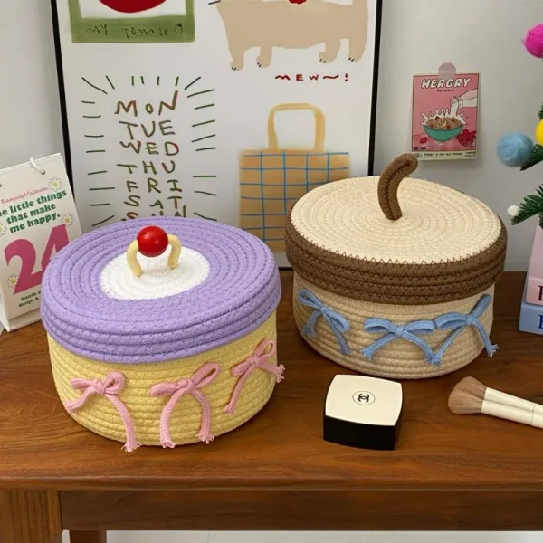 1PCS Cotton Rope Storage Basket with Lid – Non-Woven Fabric Dustproof Decorative Organizer for Home Desktop Bathroom 3