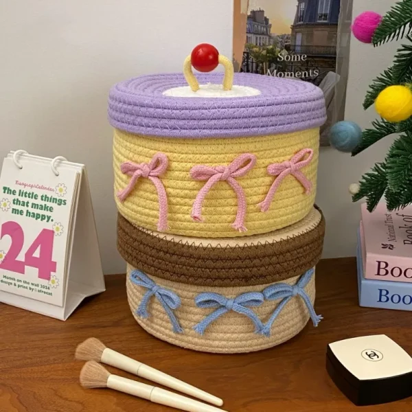 1PCS Cotton Rope Storage Basket with Lid – Non-Woven Fabric Dustproof Decorative Organizer for Home Desktop Bathroom 4