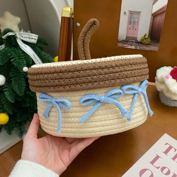 1PCS Cotton Rope Storage Basket with Lid – Non-Woven Fabric Dustproof Decorative Organizer for Home Desktop Bathroom 6