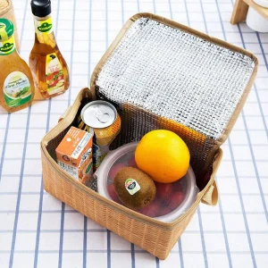 Portable Wicker Rattan Basket Waterproof Tableware Container Khaki Lunch Box Keep Warm Outdoor Camping Picnic Bag 1