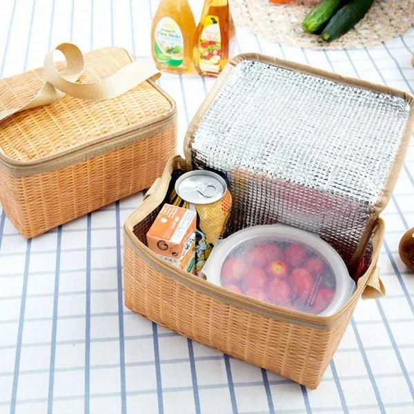 Portable Wicker Rattan Basket Waterproof Tableware Container Khaki Lunch Box Keep Warm Outdoor Camping Picnic Bag 2