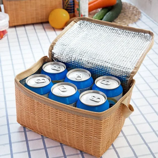Portable Wicker Rattan Basket Waterproof Tableware Container Khaki Lunch Box Keep Warm Outdoor Camping Picnic Bag 3