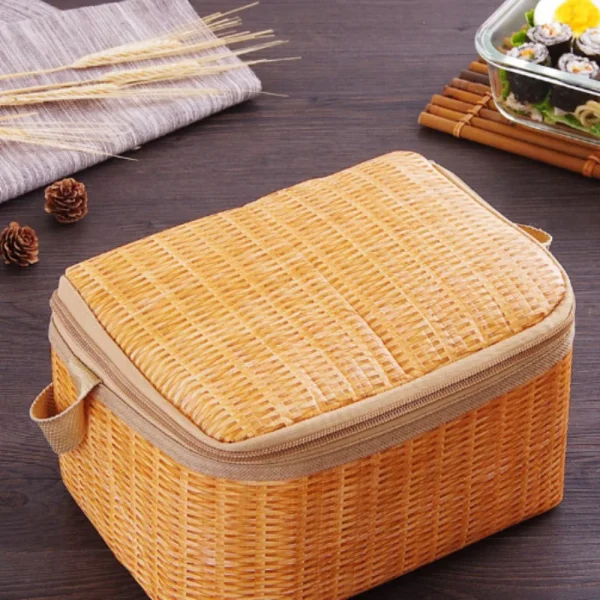Portable Wicker Rattan Basket Waterproof Tableware Container Khaki Lunch Box Keep Warm Outdoor Camping Picnic Bag 4