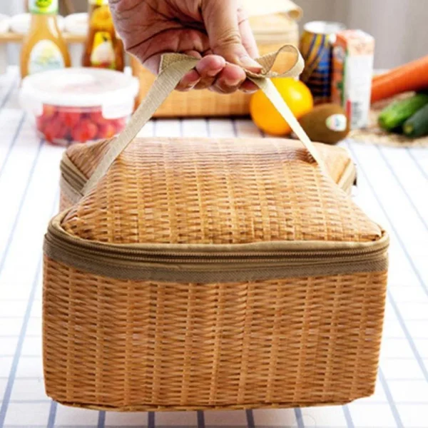 Portable Wicker Rattan Basket Waterproof Tableware Container Khaki Lunch Box Keep Warm Outdoor Camping Picnic Bag 5