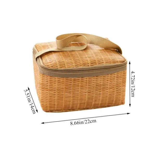 Portable Wicker Rattan Basket Waterproof Tableware Container Khaki Lunch Box Keep Warm Outdoor Camping Picnic Bag 6