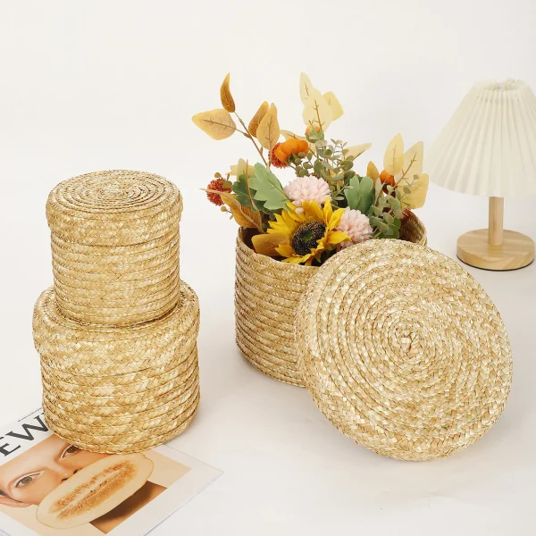 Original Handmade Straw Woven Basket With Lid Plant Basket Snack Storage Box Flower Organizer Basket DIY Gift Eco-friendly 1