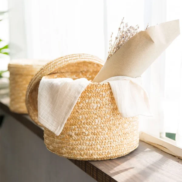 Original Handmade Straw Woven Basket With Lid Plant Basket Snack Storage Box Flower Organizer Basket DIY Gift Eco-friendly 2