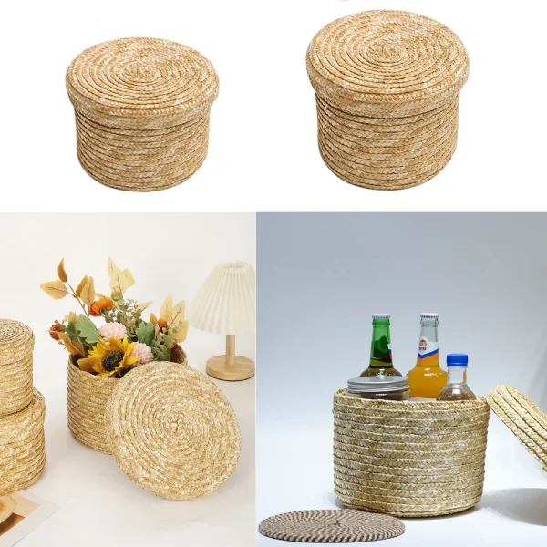 Original Handmade Straw Woven Basket With Lid Plant Basket Snack Storage Box Flower Organizer Basket DIY Gift Eco-friendly 3