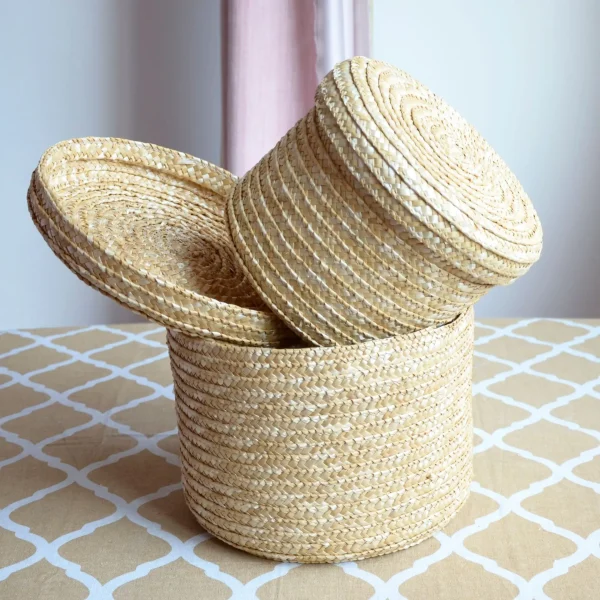 Original Handmade Straw Woven Basket With Lid Plant Basket Snack Storage Box Flower Organizer Basket DIY Gift Eco-friendly 4