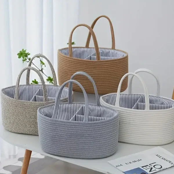 Original White Hand-held Cotton Rope Woven Hand-held Basket Diaper Basket Tassel Storage Box Detachable Storage Basket 1