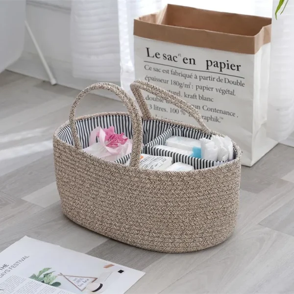 Original White Hand-held Cotton Rope Woven Hand-held Basket Diaper Basket Tassel Storage Box Detachable Storage Basket 3
