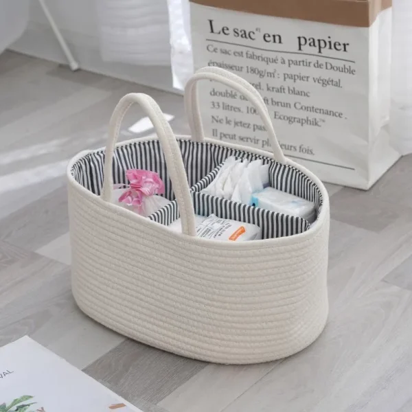 Original White Hand-held Cotton Rope Woven Hand-held Basket Diaper Basket Tassel Storage Box Detachable Storage Basket 4