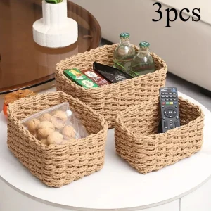 3pcs Paper Rope Storage Baskets for Organizing Container Bins for Shelves Cupboards Drawer,Small Woven Basket,Multifunctional 1