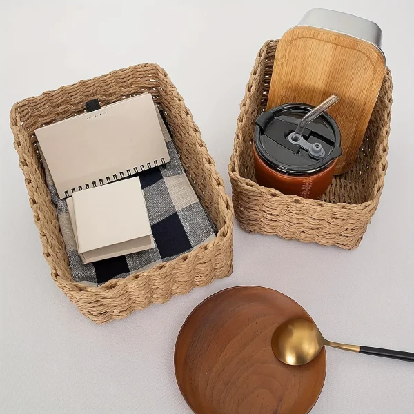3pcs Paper Rope Storage Baskets for Organizing Container Bins for Shelves Cupboards Drawer,Small Woven Basket,Multifunctional 2
