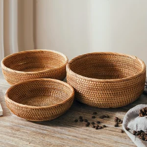 1pc/3pcs Rattan Fruit Basket Circular Woven Decorative Serving Basket Steamed Bun Basket Home Desktop Storage Box 1
