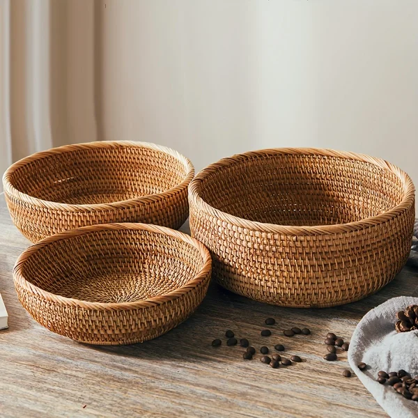 1pc/3pcs Rattan Fruit Basket Circular Woven Decorative Serving Basket Steamed Bun Basket Home Desktop Storage Box 1