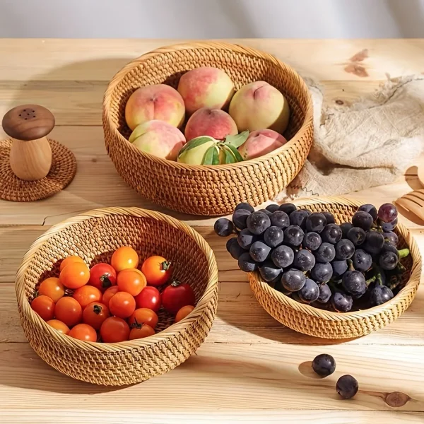 1pc/3pcs Rattan Fruit Basket Circular Woven Decorative Serving Basket Steamed Bun Basket Home Desktop Storage Box 2